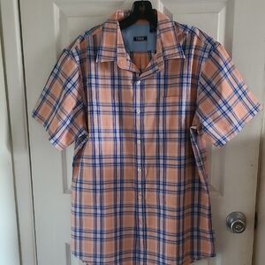 Izod Peach and Blue Plaid Button Down Shirt
